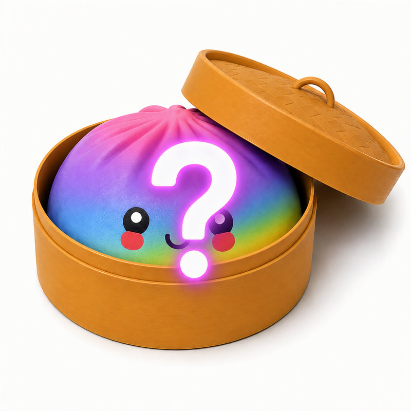 Colorful ball with a question mark and smiley face in an open tan box on a white background
