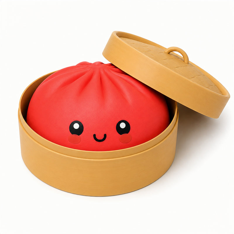 Red dumpling toy with a smiling face in a tan container on a white background