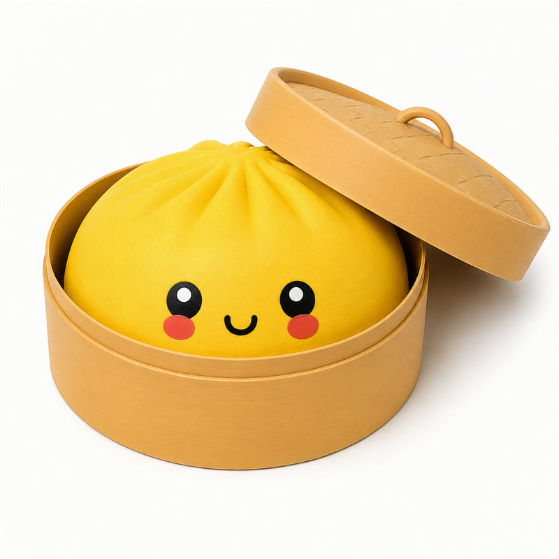 Yellow bento box with a face design on a white background
