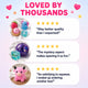Product reviews with toys and text on a light purple background