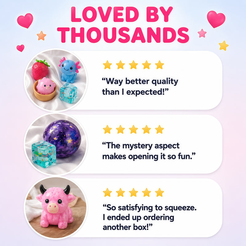 Product reviews with toys and text on a light purple background