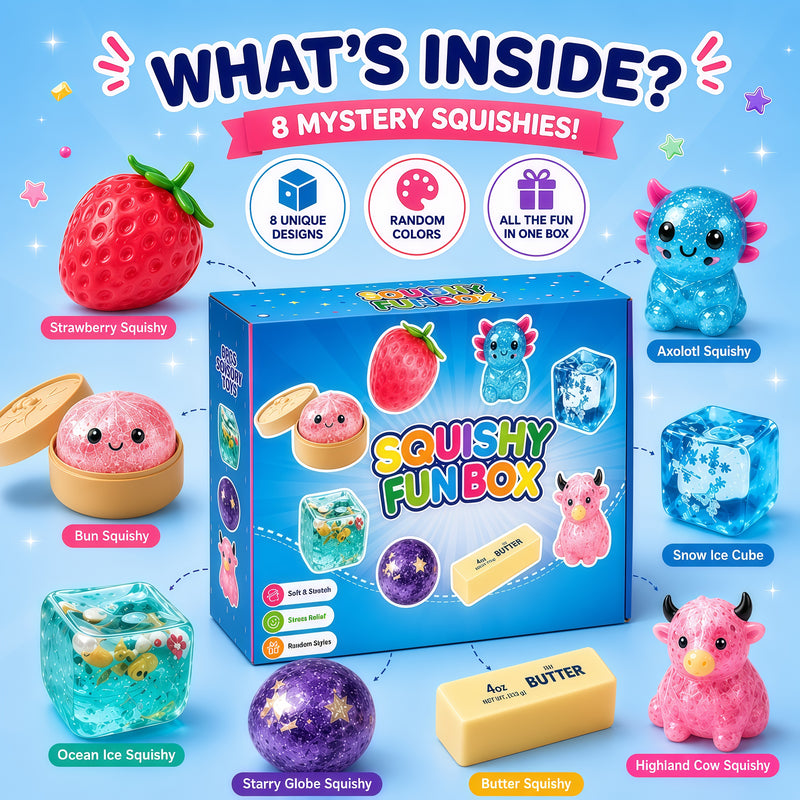 Squishy FunBox packaging with various squishies and promotional text on a blue background