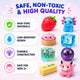 Assorted toys with safety features highlighted on a white background