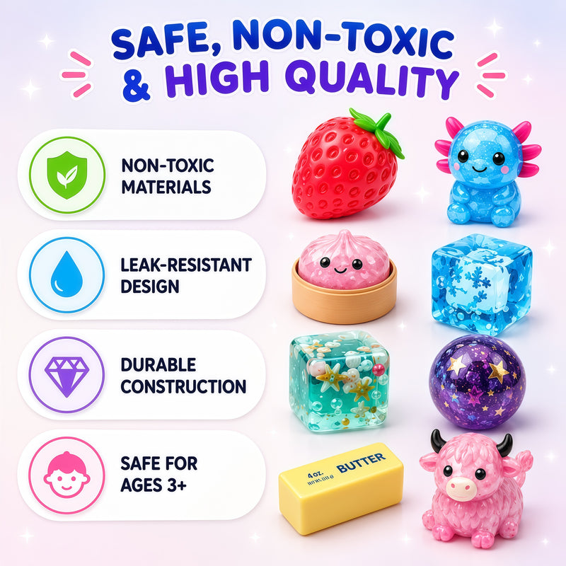 Assorted toys with safety features highlighted on a white background