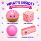 Promotional image of squishy toys with text 'What's Inside?' and descriptions of each item.