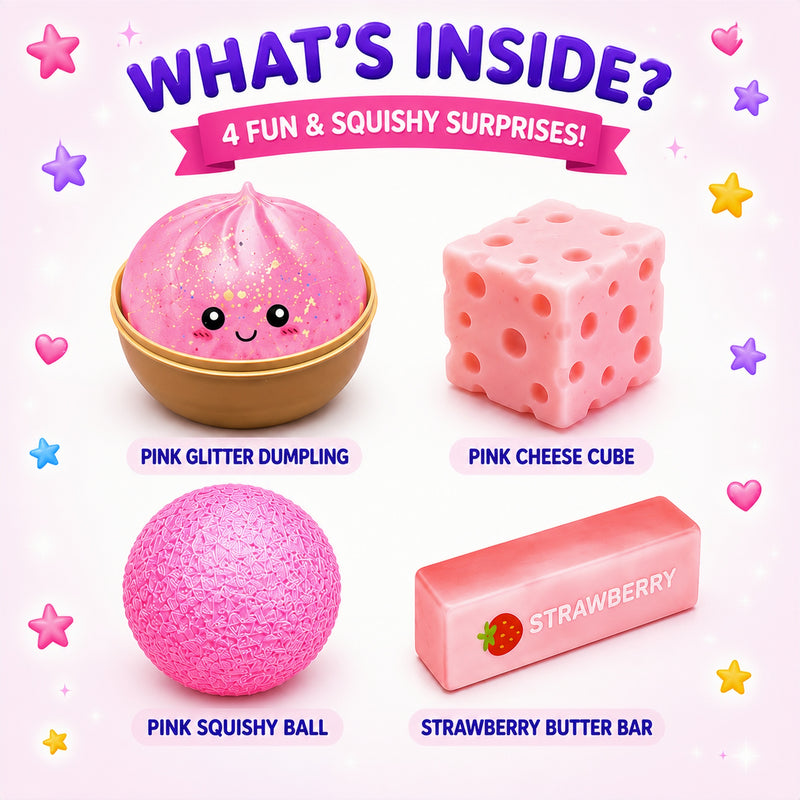 Promotional image of squishy toys with text 'What's Inside?' and descriptions of each item.