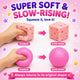 Pink squishy toy being squeezed with text highlighting 'Super Soft & Slow-Rising' on a pink background.