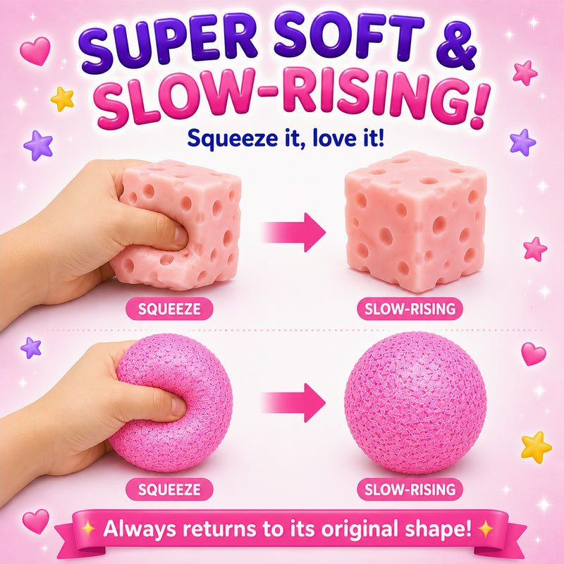Pink squishy toy being squeezed with text highlighting 'Super Soft & Slow-Rising' on a pink background.