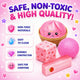 Pink slime products with safety features on a pink background