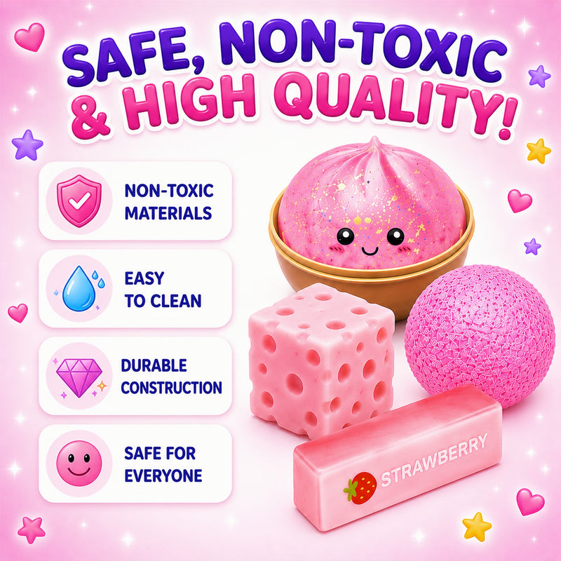 Pink slime products with safety features on a pink background