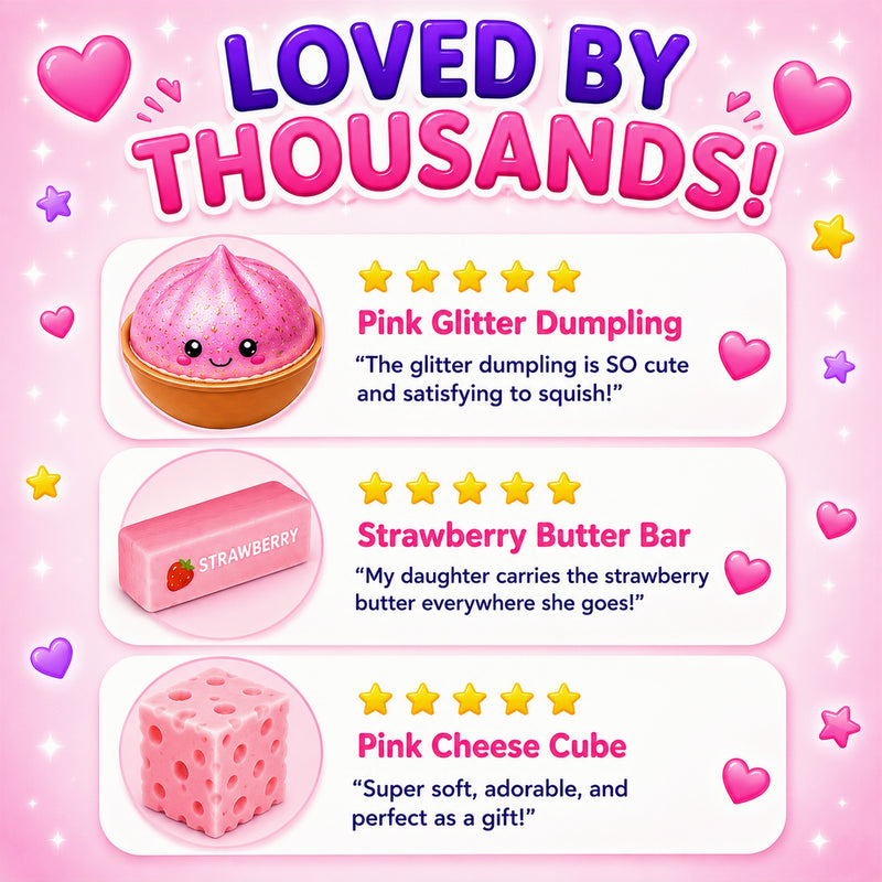 Product advertisement with pink glitter dumpling, strawberry butter bar, and pink cheese cube on a pink background.