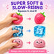 Strawberry, blue cube, and pink round squishy toys with text on a light pink background