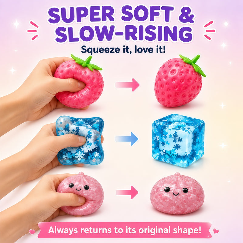 Strawberry, blue cube, and pink round squishy toys with text on a light pink background