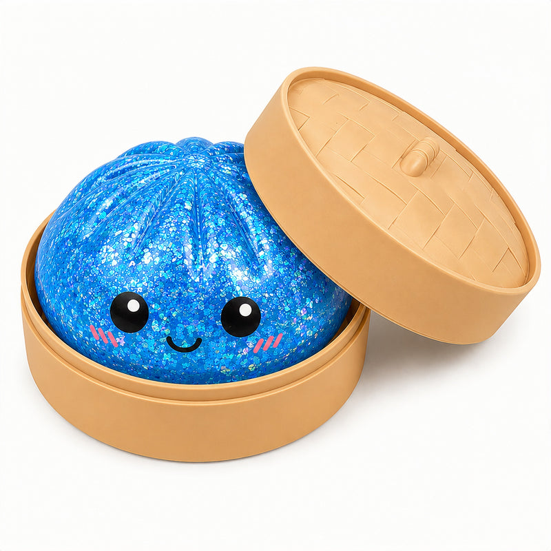 Blue glittery ball with a smiling face in a tan container on a white background