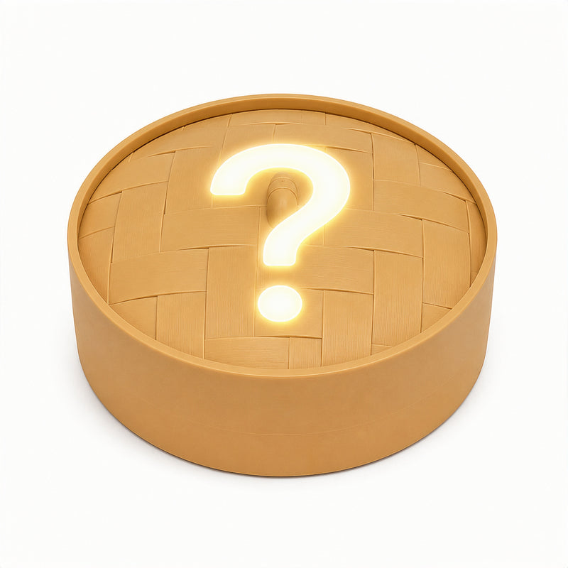 Woven basket with a glowing question mark on a white background