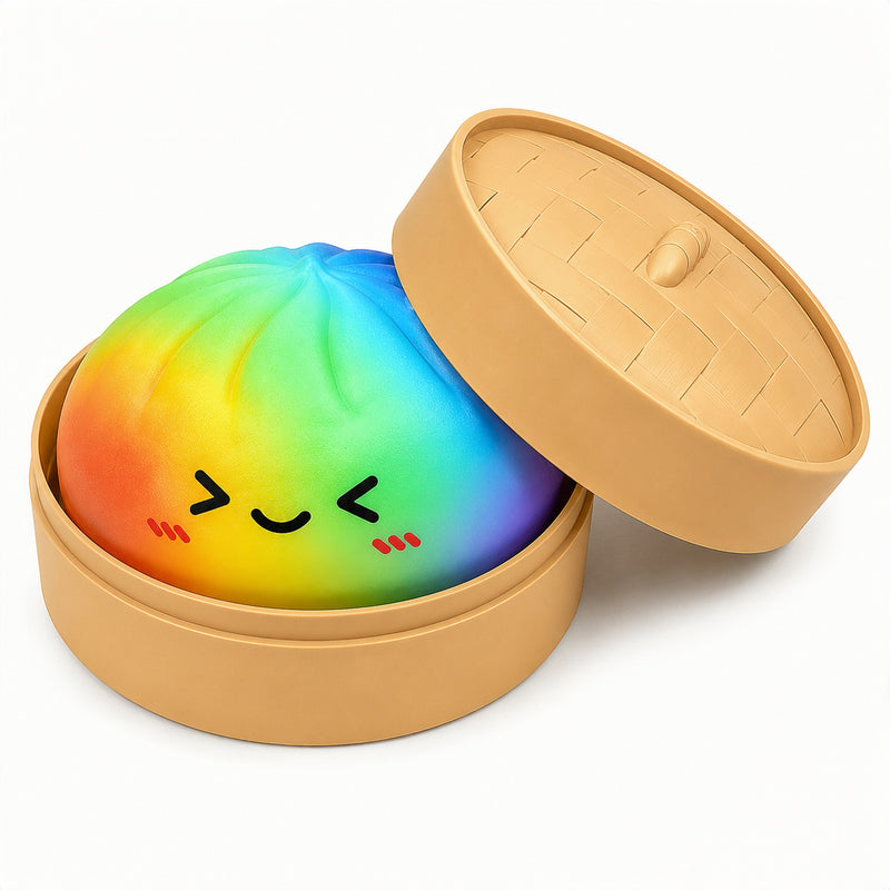 Colorful textured ball with a smiley face in an open tan container on a white background