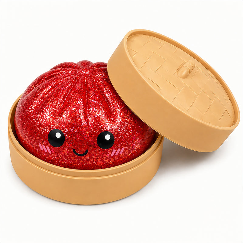 Red glittery bun with a smiling face in a tan container on a white background