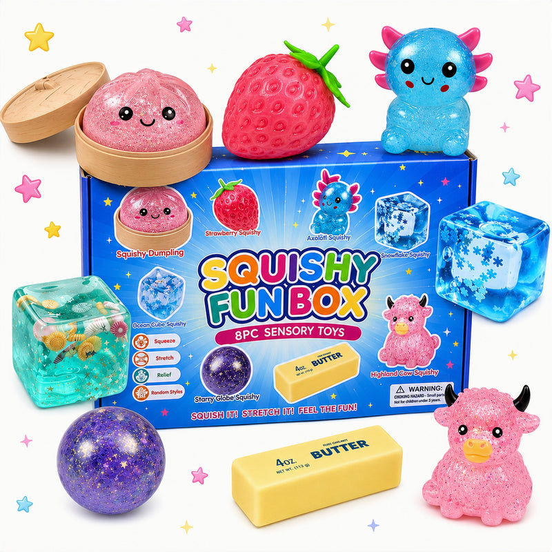Squishy Fun Box with various squishy toys on a white background