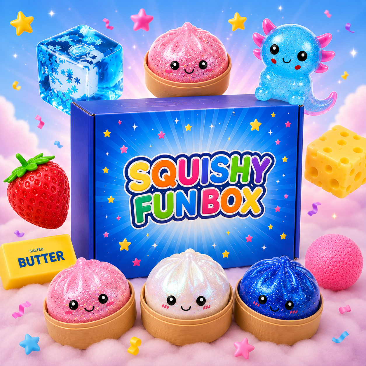 Squishy Fun Box with colorful squishies and a blue box in the center on a pastel background.