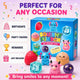 Squishy Fun Box packaging with colorful squishies and text on a light pink background