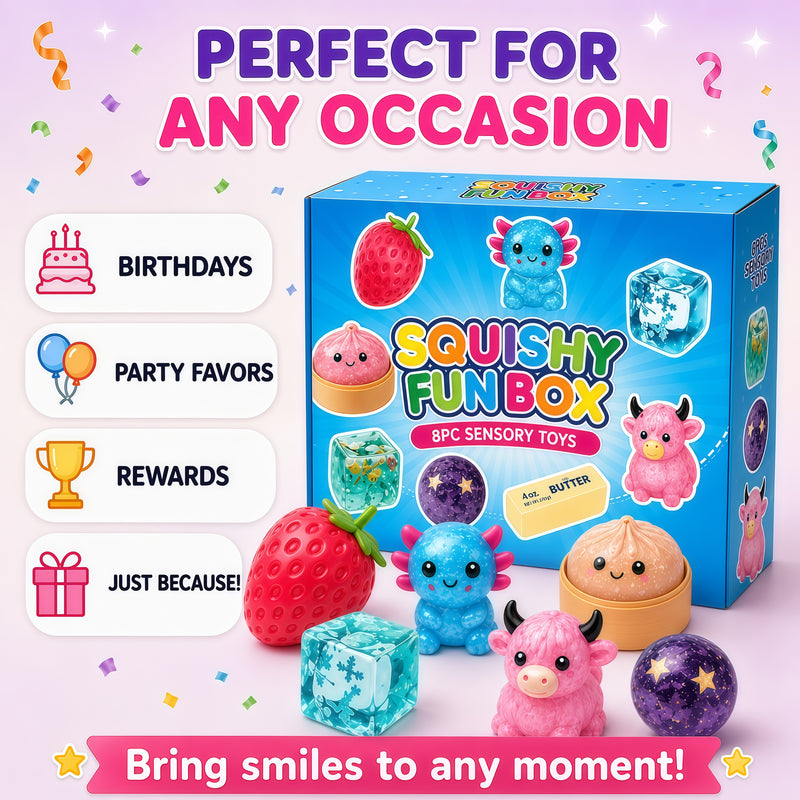 Squishy Fun Box packaging with colorful squishies and text on a light pink background