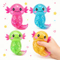 Four colorful axolotl-shaped toys with a hand holding one, on a white background.