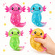 Four colorful axolotl-shaped toys with a hand holding one, on a white background.