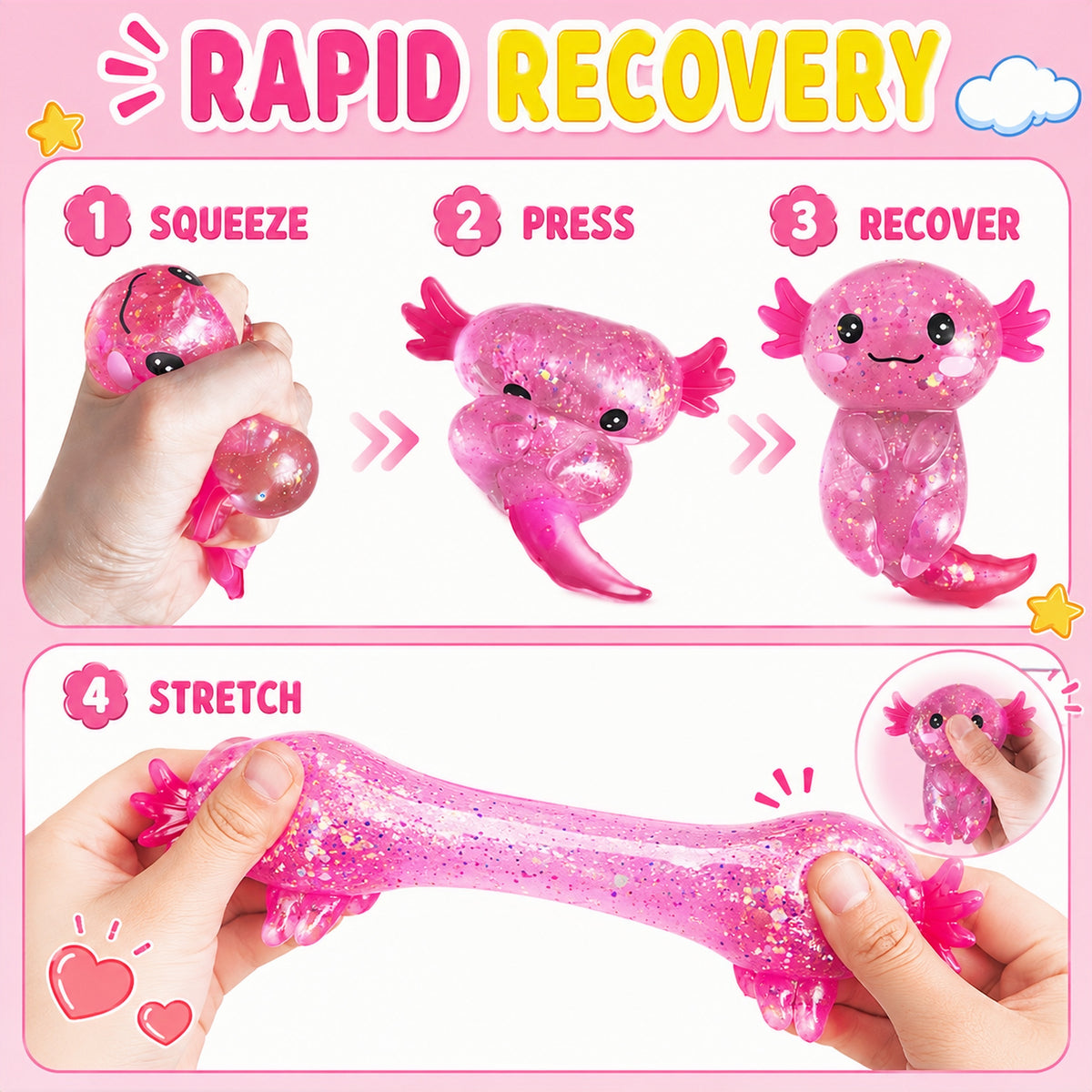 Pink squishy toy with instructions on a pink background