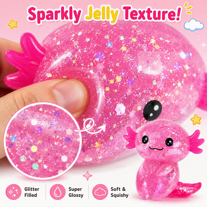 Pink glittery slime with axolotl toy and text highlighting texture and features.