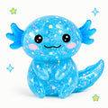 Blue glittery axolotl toy with a smiling face on a white background