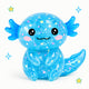 Blue glittery axolotl toy with a smiling face on a white background