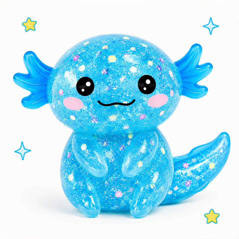 Blue glittery axolotl toy with a smiling face on a white background