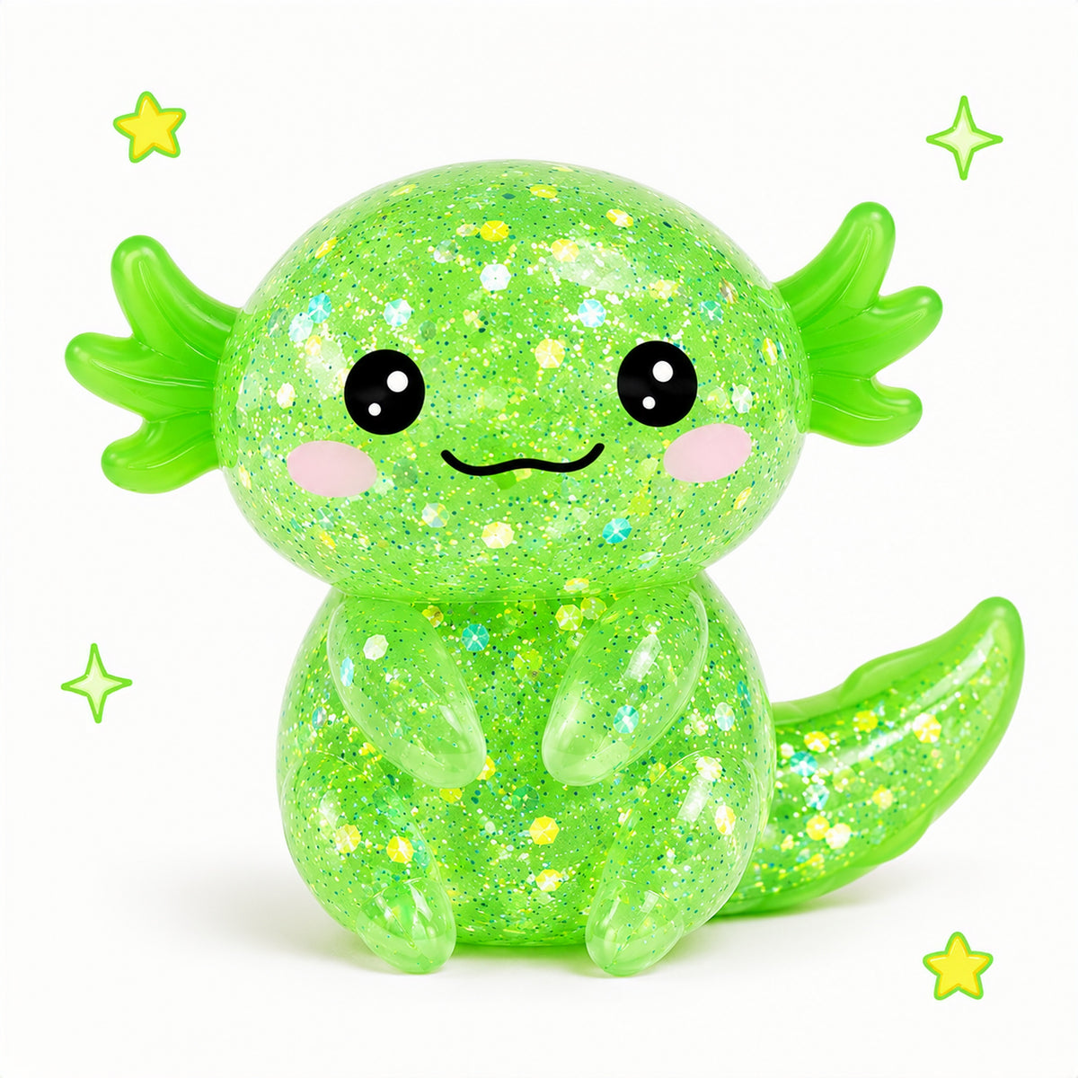 Green glittery axolotl toy with a smiling face on a white background