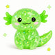 Green glittery axolotl toy with a smiling face on a white background