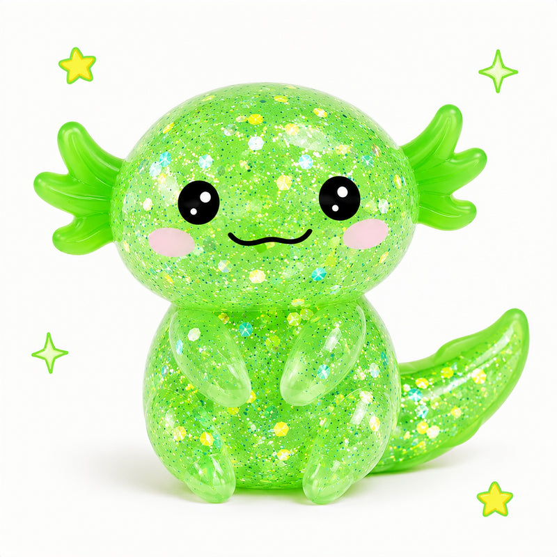 Green glittery axolotl toy with a smiling face on a white background