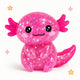 Pink glittery axolotl toy with a smiling face on a white background