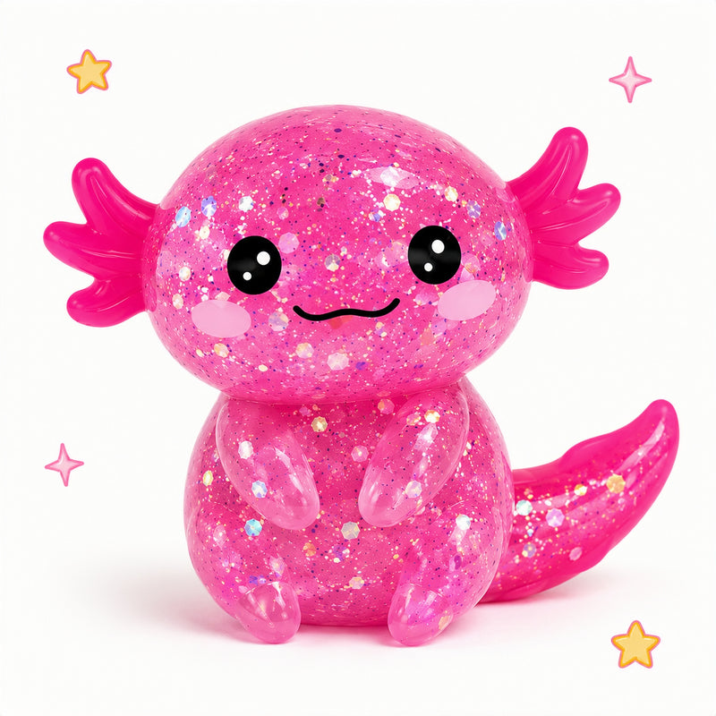 Pink glittery axolotl toy with a smiling face on a white background