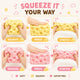 Instructions on how to manipulate a squishy toy, with text 'Squeeze It Your Way' and various stages of manipulation.