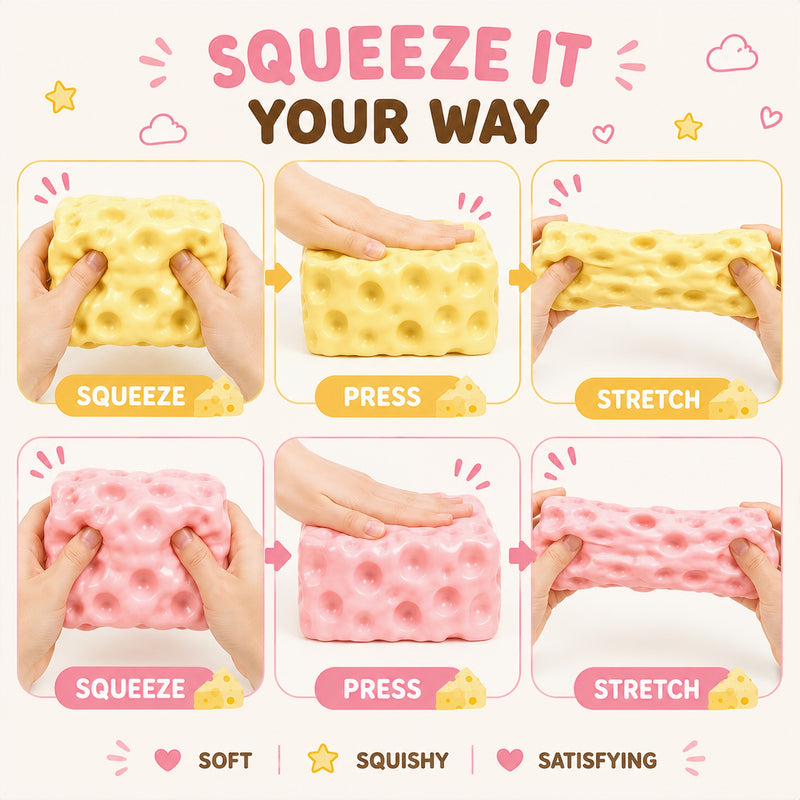 Instructions on how to manipulate a squishy toy, with text 'Squeeze It Your Way' and various stages of manipulation.