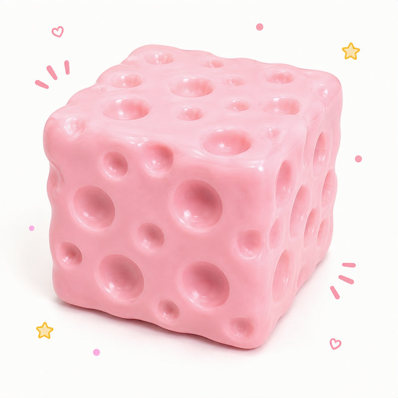 Pink cube-shaped object with holes on a white background