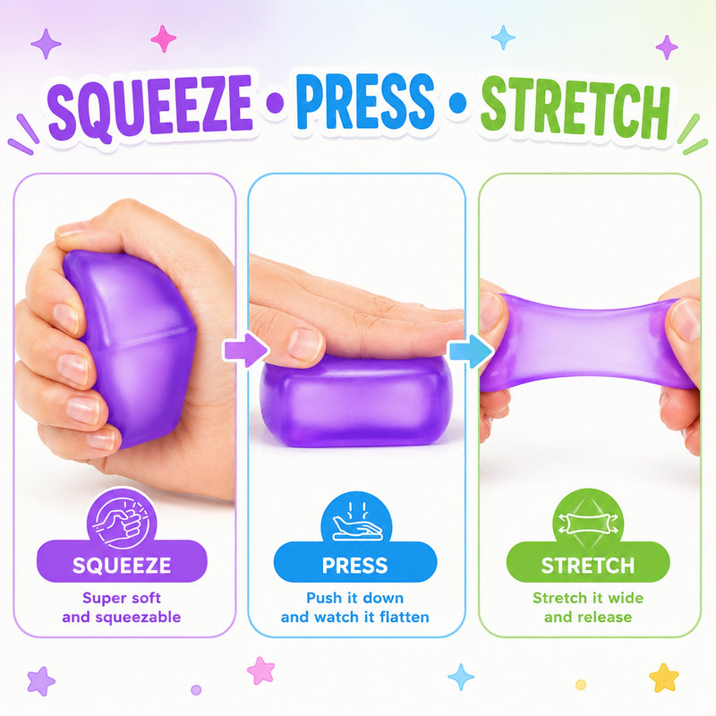 Instructions for using a purple stress ball with text 'Squeeze', 'Press', and 'Stretch' on a white background.