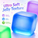 Blue jelly-like product with text highlighting its texture and features on a colorful background
