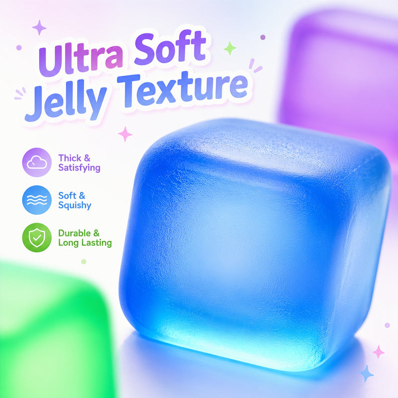 Blue jelly-like product with text highlighting its texture and features on a colorful background