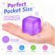 Purple cube with hand for scale, labeled 'Perfect Pocket Size', on a white background.