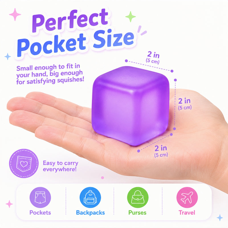 Purple cube with hand for scale, labeled 'Perfect Pocket Size', on a white background.