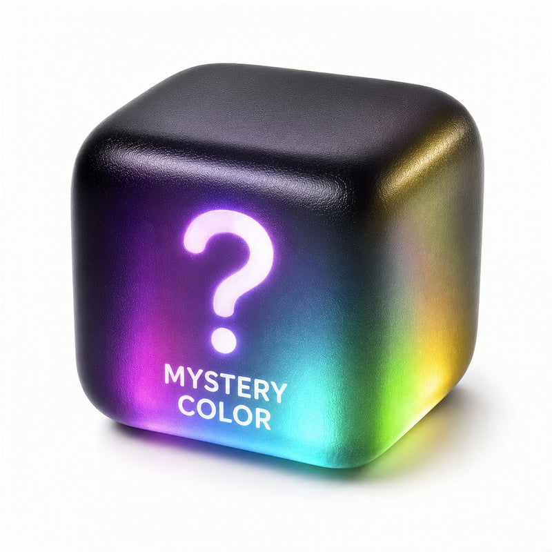 Colorful cube with a question mark and 'Mystery Color' text on a white background