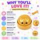 Gold squishy toy with features listed on a colorful background