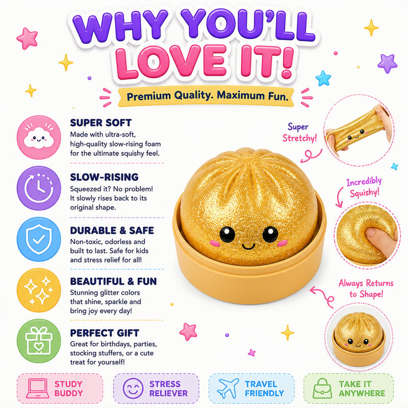 Gold squishy toy with features listed on a colorful background
