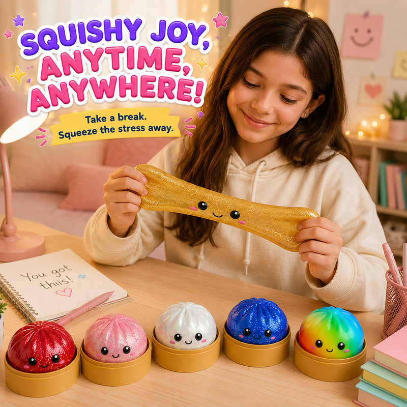 Girl playing with squishy toys on a table, with text 'Squishy Joy, Anytime, Anywhere!'