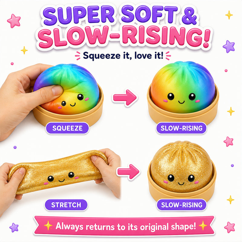 Colorful slime product with text highlighting its features on a white background